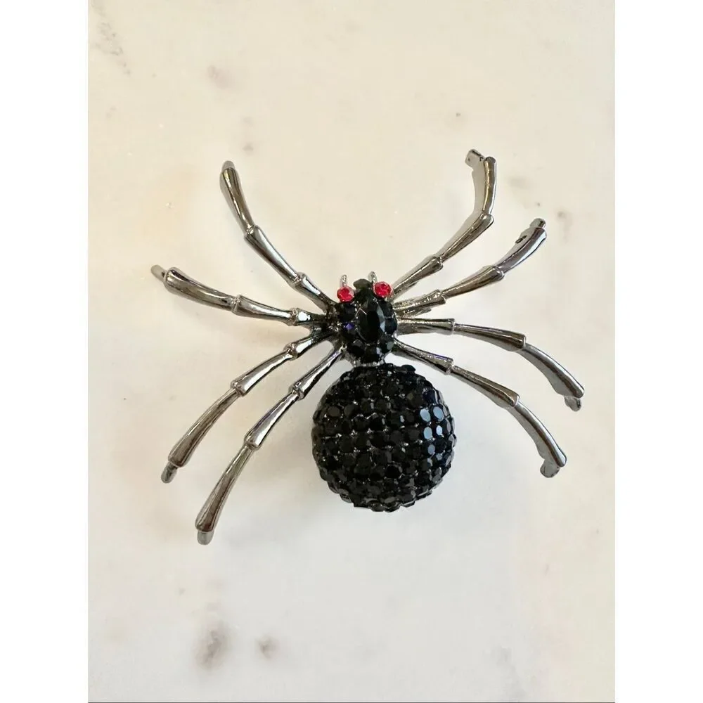 Halloween black widow rhinestone brooch
